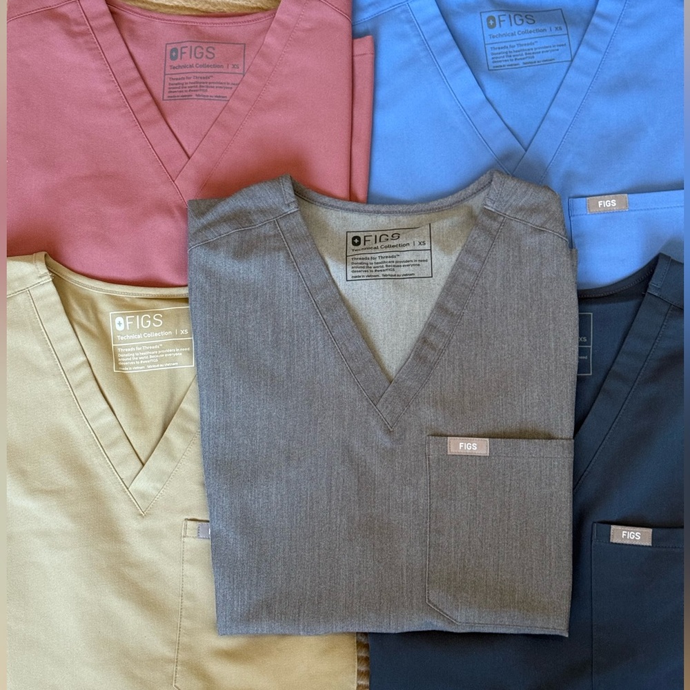 Figs V-Neck Scrub Tops in Pink, Blue, Gray, Tan, and Navy
